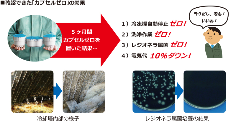 ５ヶ月間カプセルゼロを置いて確認できた結果と、冷却塔内部の様子とレジオネラ菌培養の結果のビフォーアフター写真